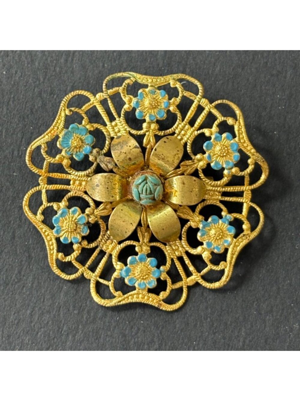 Unbranded Vintage Brooch Gold Tone Round Floral Filigree Czech Metal Enamel 60s